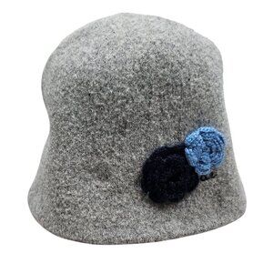 American Eagle Outfitters Gray Wool Blend Cloche Hat Bucket Blue Crochet Flowers